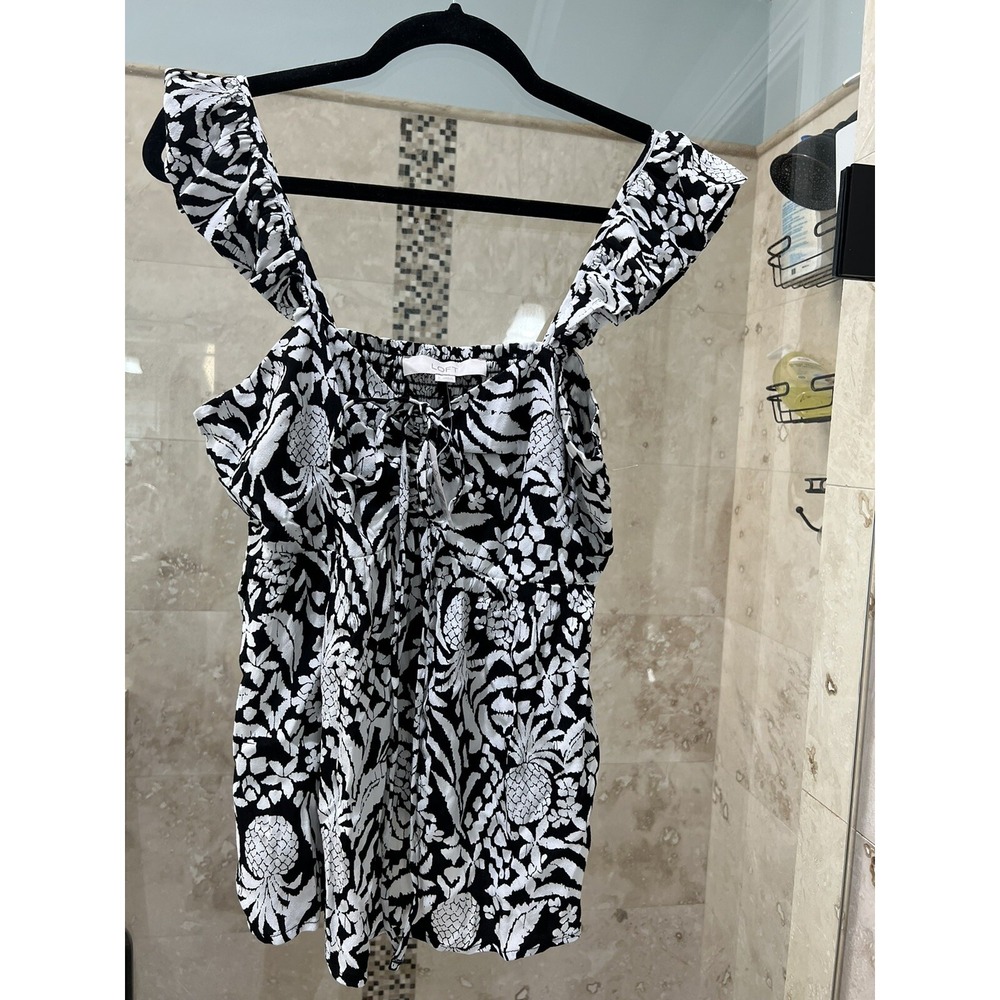 LOFT Top Womens Small Black White Babydoll Flutter Straps Smocked Pineapple NWT